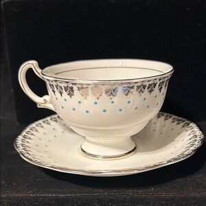 VTG Royal Standard Porcelain Teal Blue Polka Dotes Silver Trim Cup and Saucer